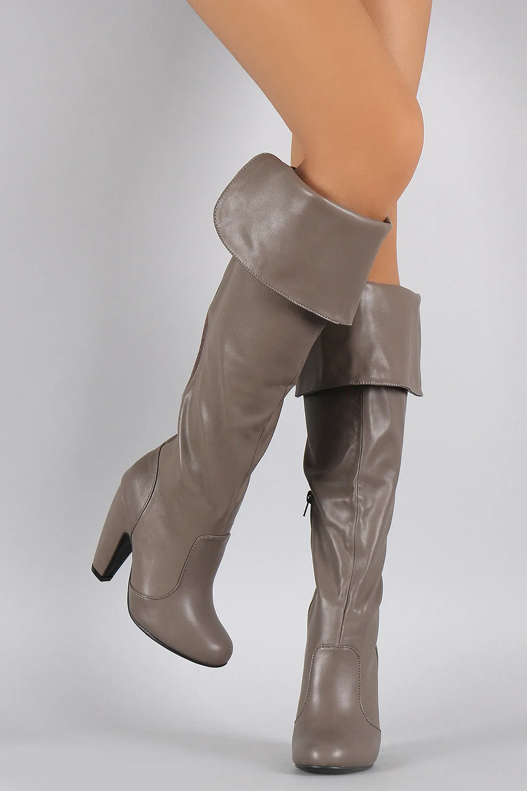 Bamboo Cuff Elastic Gore Chunky Heeled Knee High Boots