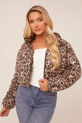 Beige Sequin Leopard Print Puffer Jacket - Amara