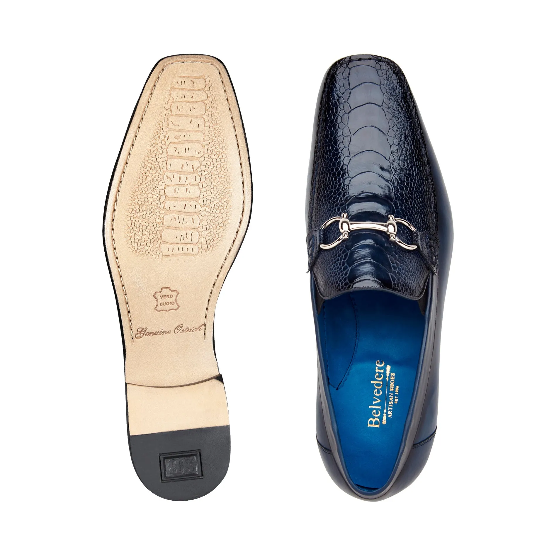 Belvedere - Bruno, Genuine Ostrich Leg and Italian Calf Loafer Dress Shoe - Navy - 1026