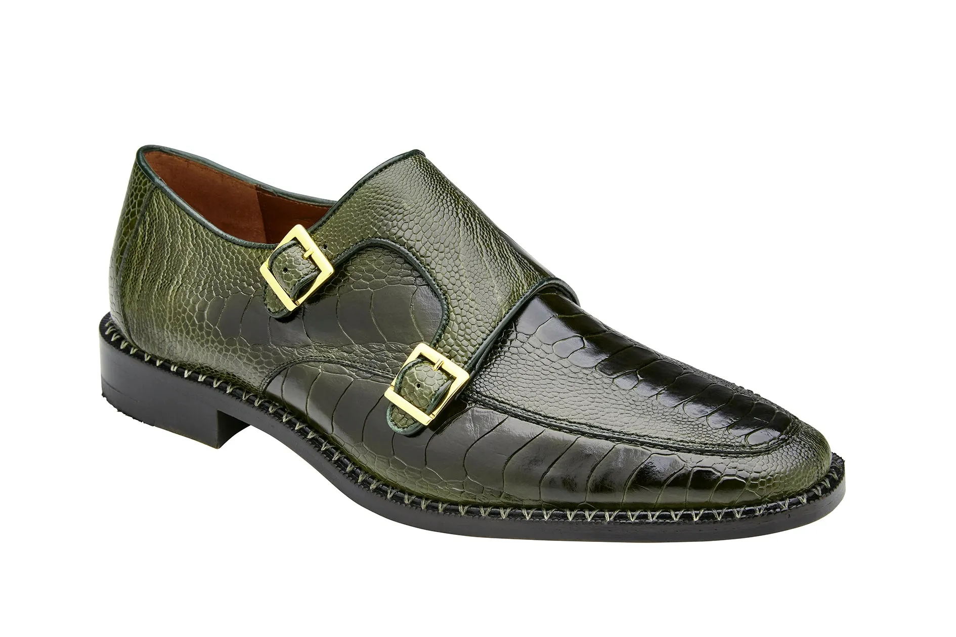 BELVEDERE VALIENTE Genuine Ostrich Double Monk Strap Dress Shoe - Ant. Forest 02442