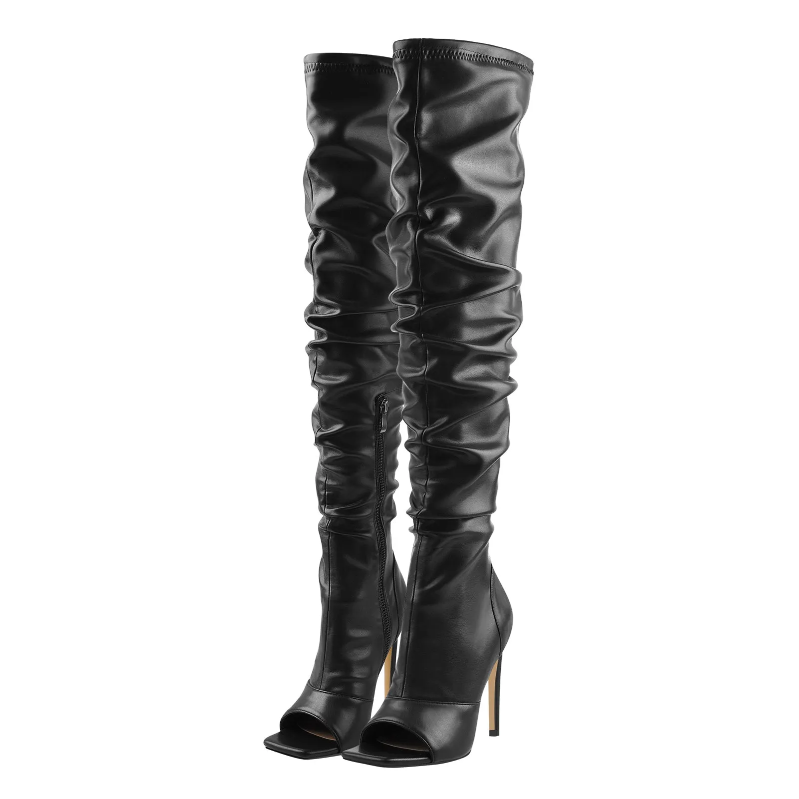 Black Open Square Toe Over The Knee Stiletto Zipper Boots