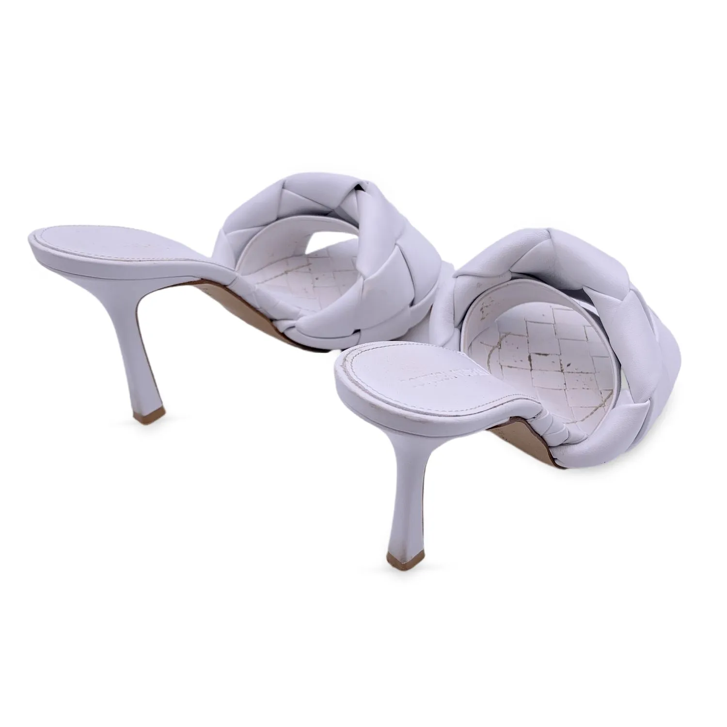 Bottega Veneta White Intrecciato Leather Lido Heeled Sandals Size 37.5