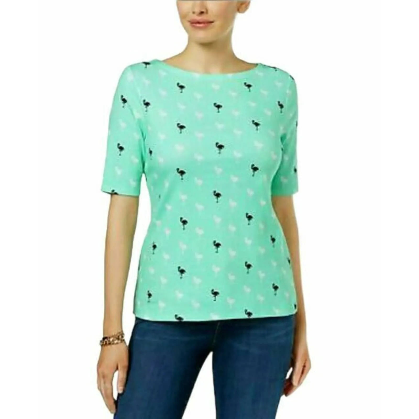 CHARTER CLUB, Ladies Aqua Gloss Flamingo Shirt, Petite Sizes, NWT, $19.98