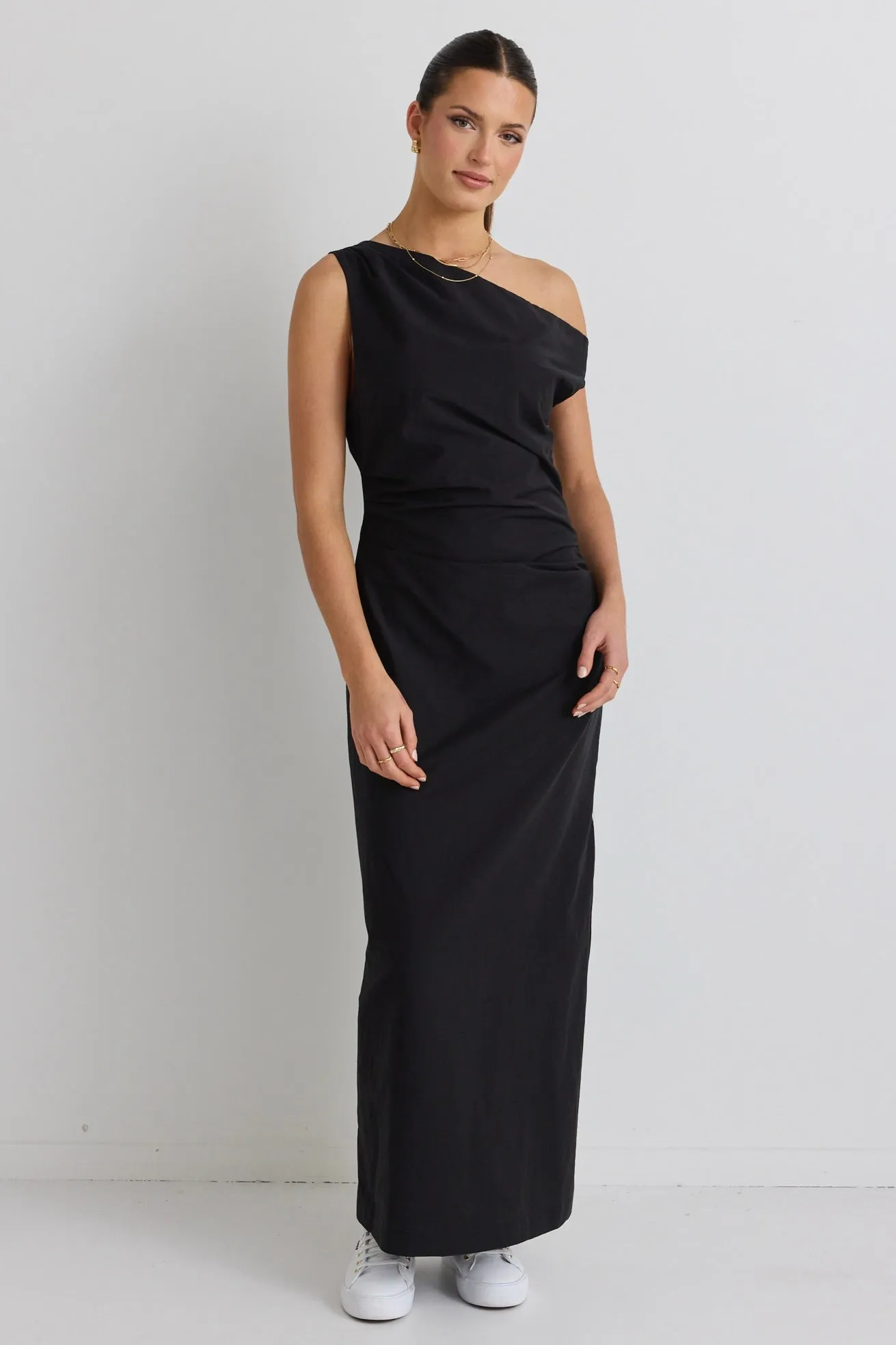 Classified Black Off Shoulder Tuck Maxi Dress