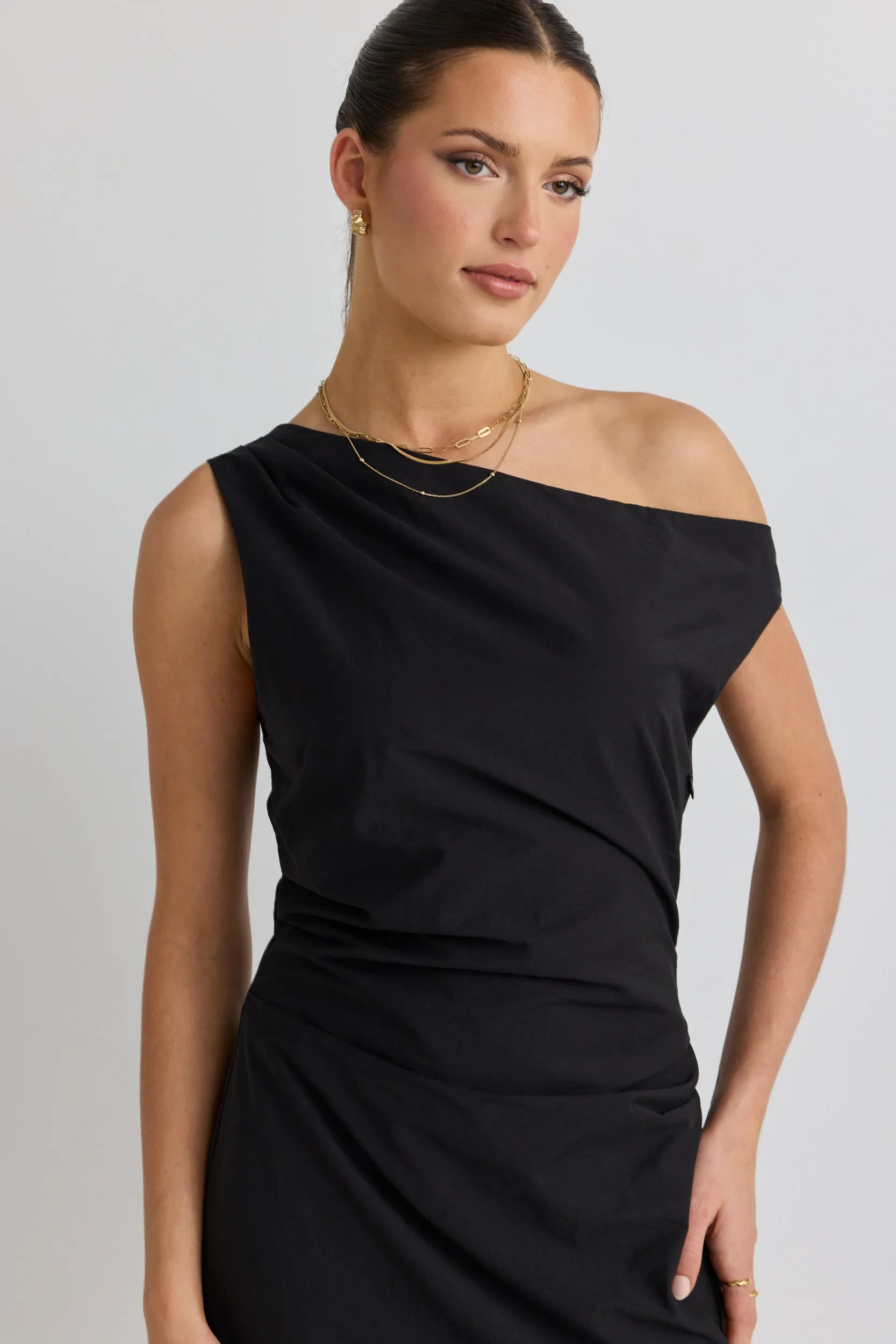 Classified Black Off Shoulder Tuck Maxi Dress