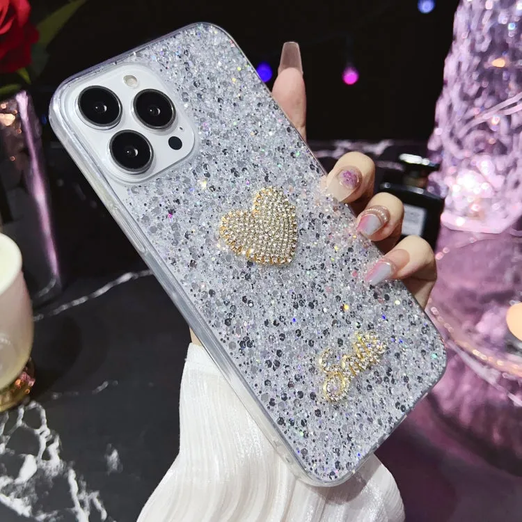 Compatible with iPhone 15 Plus - Starry Sequin Diamond Heart Epoxy TPU Case in Silver | Stylish & Protective Epoxy TPU Material, Lightweight & Trendy Design, Precise Cut-Outs, Easy Installation