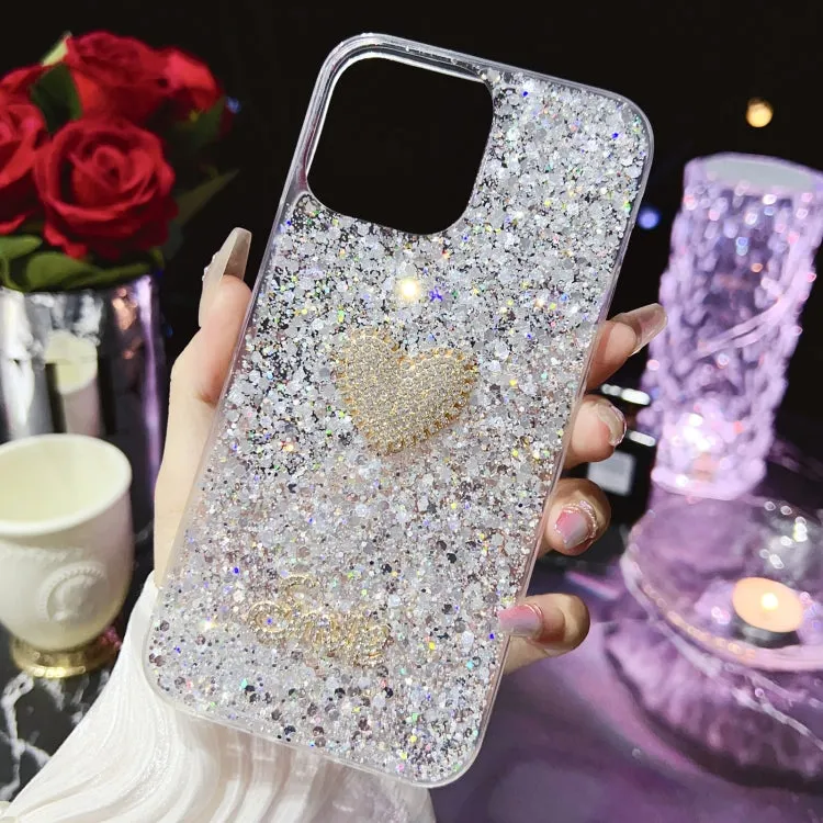 Compatible with iPhone 15 Plus - Starry Sequin Diamond Heart Epoxy TPU Case in Silver | Stylish & Protective Epoxy TPU Material, Lightweight & Trendy Design, Precise Cut-Outs, Easy Installation