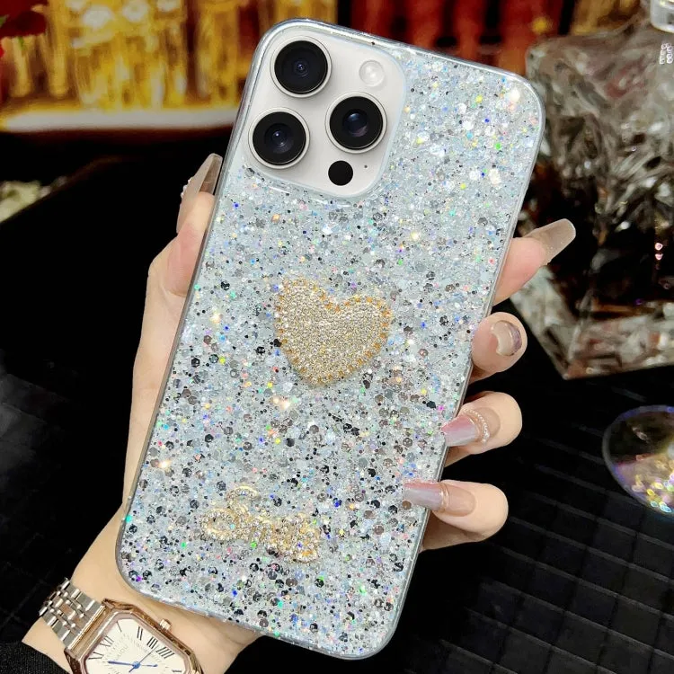 Compatible with iPhone 15 Plus - Starry Sequin Diamond Heart Epoxy TPU Case in Silver | Stylish & Protective Epoxy TPU Material, Lightweight & Trendy Design, Precise Cut-Outs, Easy Installation