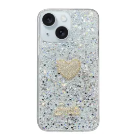 Compatible with iPhone 15 Plus - Starry Sequin Diamond Heart Epoxy TPU Case in Silver | Stylish & Protective Epoxy TPU Material, Lightweight & Trendy Design, Precise Cut-Outs, Easy Installation