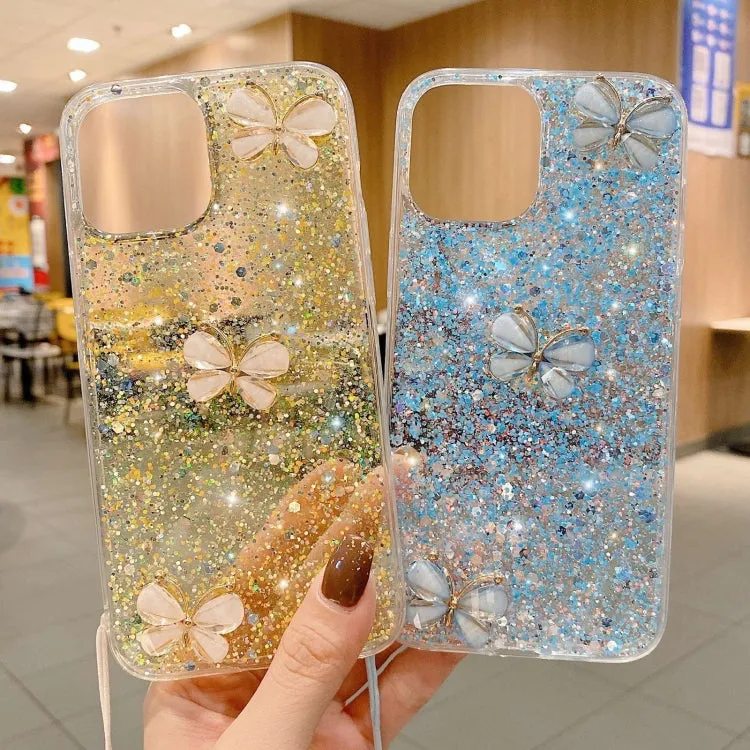 Compatible with iPhone 15 Plus Starry Sequin Jade Butterfly TPU Case with Strap-Silver | Lightweight & Stylish 3D Design | Premium Materials for Enhanced Durability & Functionality | Easy Access to