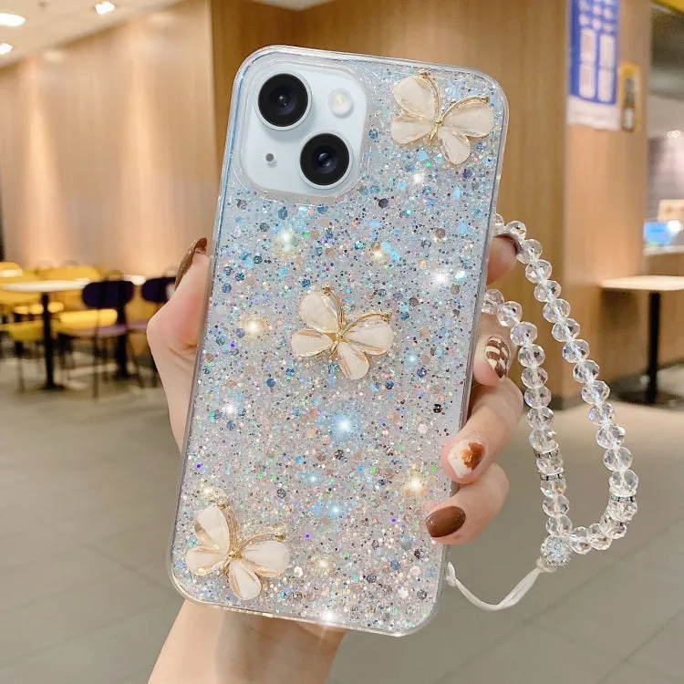 Compatible with iPhone 15 Plus Starry Sequin Jade Butterfly TPU Case with Strap-Silver | Lightweight & Stylish 3D Design | Premium Materials for Enhanced Durability & Functionality | Easy Access to