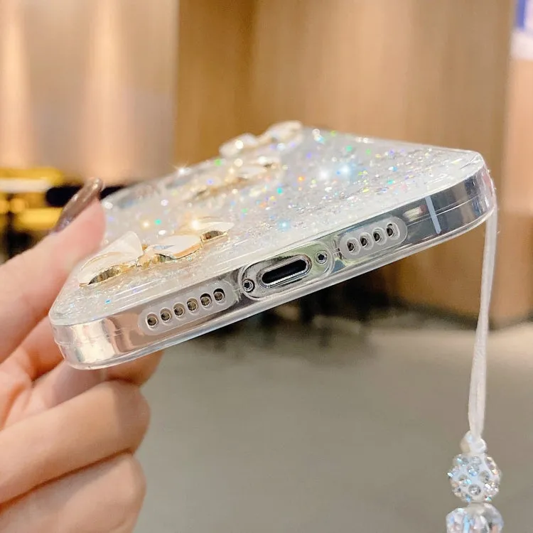 Compatible with iPhone 15 Plus Starry Sequin Jade Butterfly TPU Case with Strap-Silver | Lightweight & Stylish 3D Design | Premium Materials for Enhanced Durability & Functionality | Easy Access to