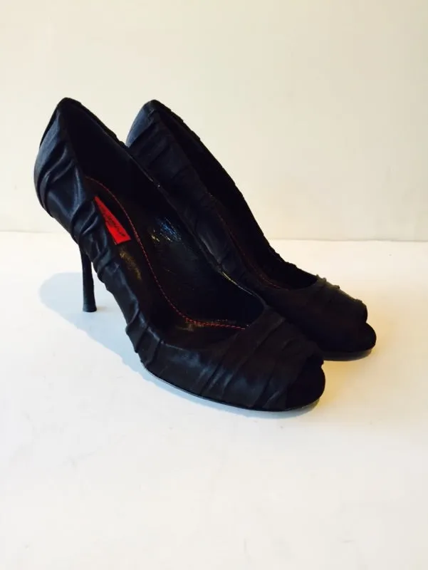 DOLCE & GABBANA Black Satin Ruched Open Toe Heels Size 7