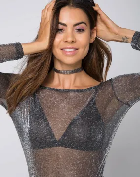 Eda Longsleeve Bodice in Metalic Shine Net Silver