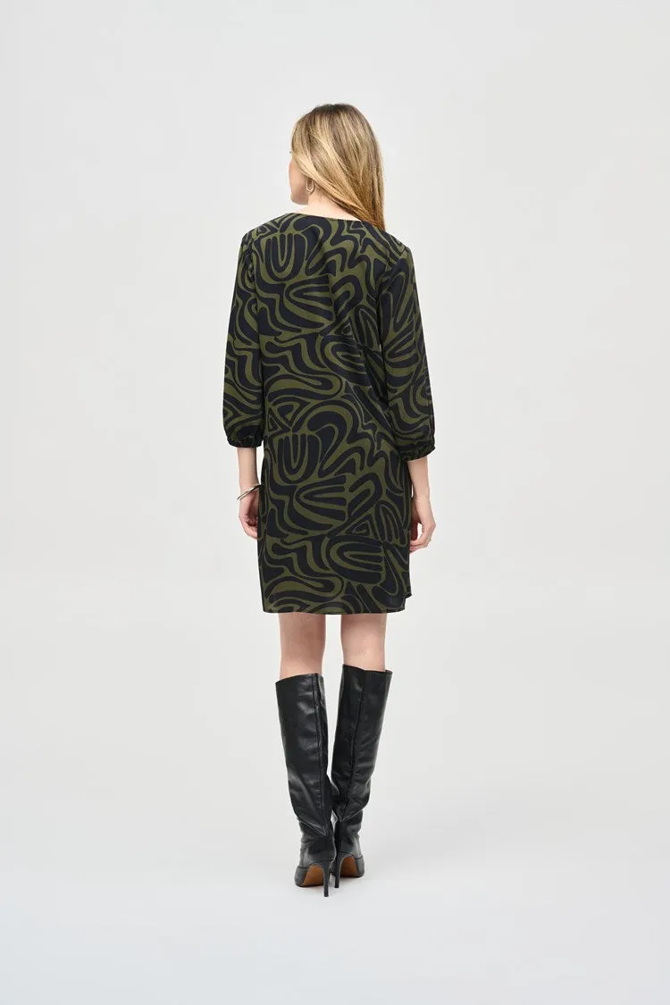 Joseph Ribkoff Black Green Woven Abstract Print A-Line Dress