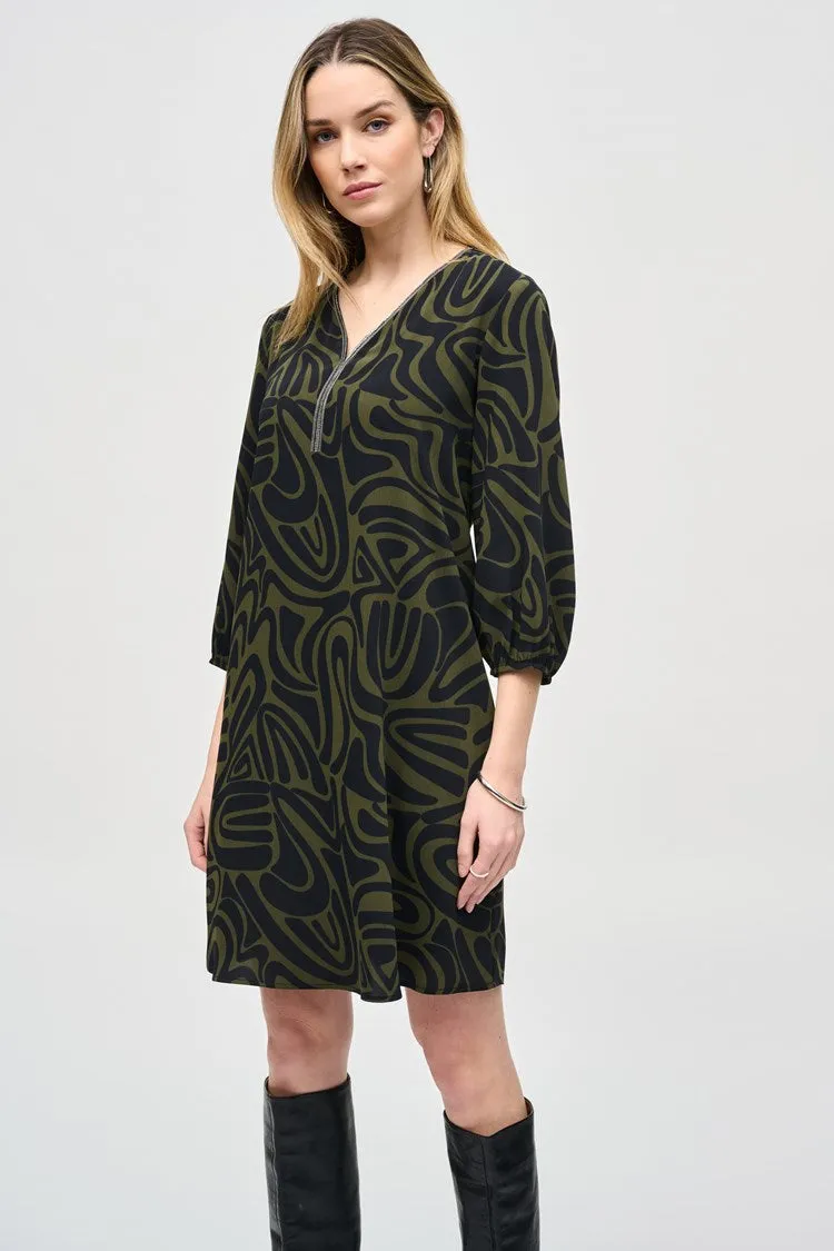 Joseph Ribkoff Black Green Woven Abstract Print A-Line Dress