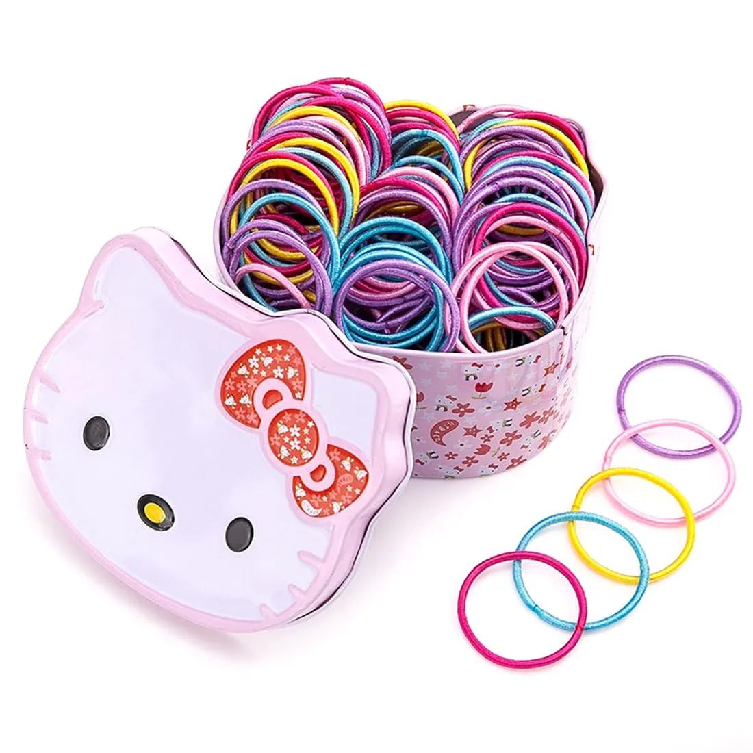 Melbees by Yellow Chimes Hair Rubber Bands for Girls Kids Set of 100 Pcs Rubberbands Multicolor Soft & Stretchy Small Ponytail Holders with Kitty Tin Storage Box for Girls Kids Teens Toddlers