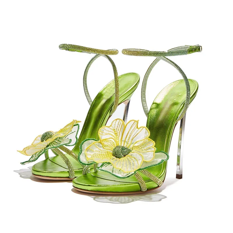 Purple Flower Rhinestone Sandals Woman Open Toe Green Metal Strange High Heels Lady Party Shoes