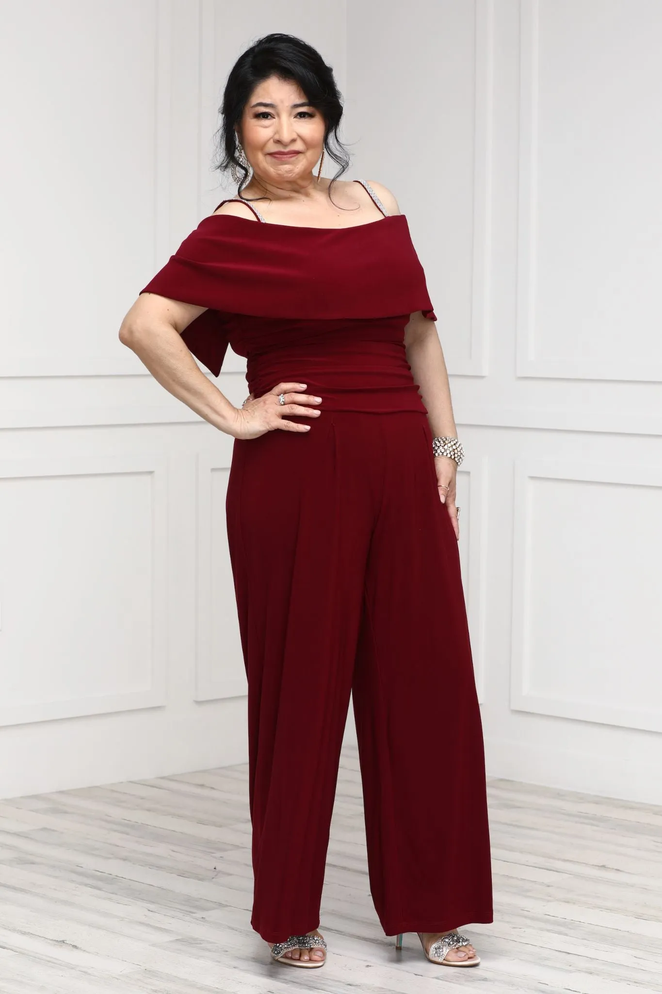 R&M Richard's Petite Women's Cold Shoulder Ruched Waist Jumpsuit - Wedding Guest Outfit Petite