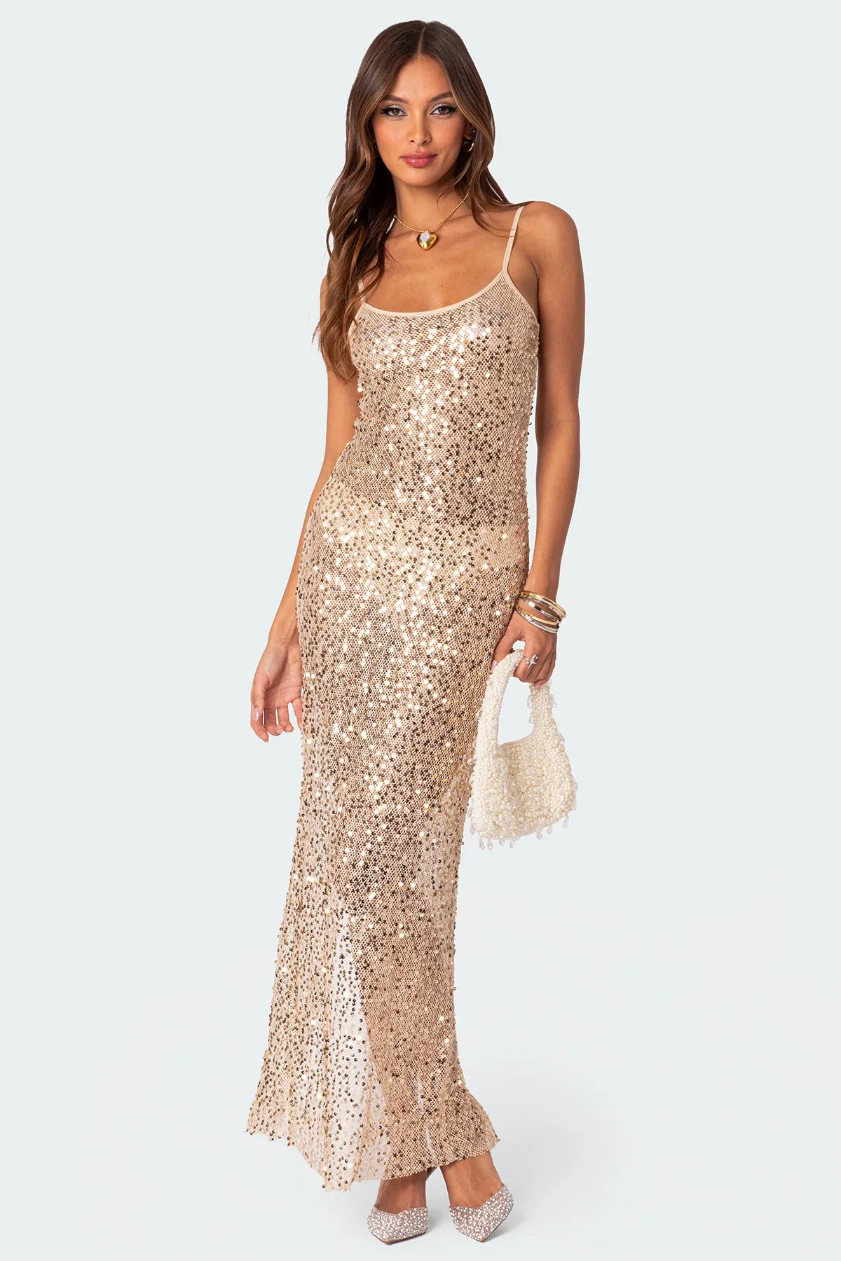 Sequin Sheer Mesh Maxi Dress