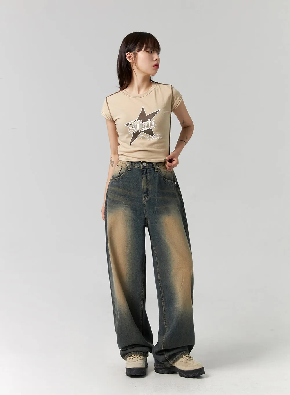 Washed Wide Leg Denim Jeans CG330